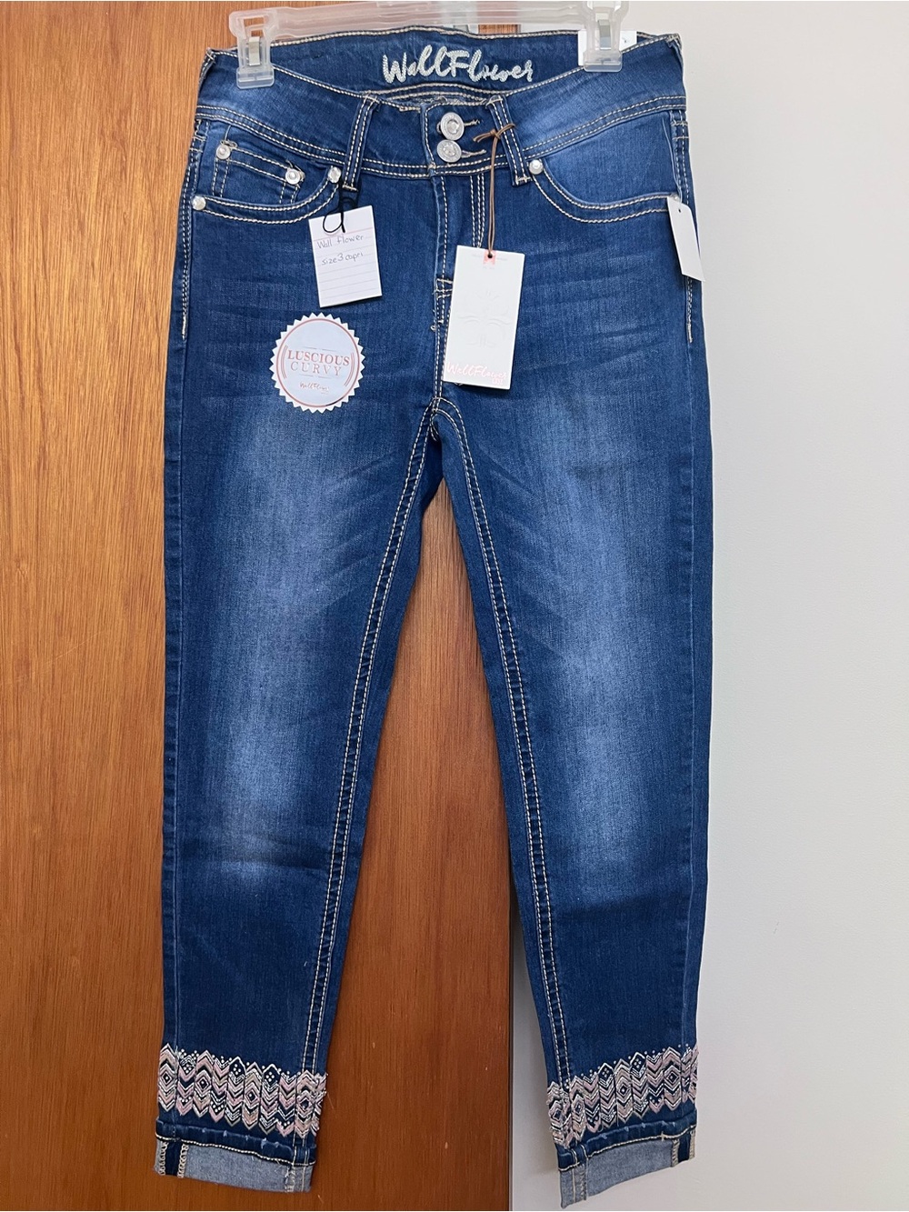 Wallflower Dark Blue Embroidered Cuff Cropped Skinny Jeans